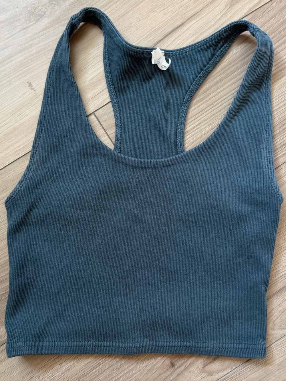 pact Women's Dark Teal Ribbed Racerback Crop Tank Top Size S Scoop Neck